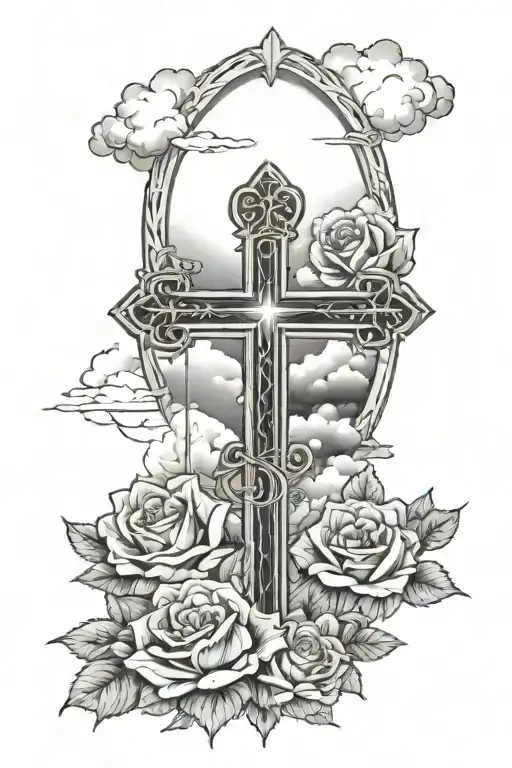 3 Crosses with rosses under and sunlight coming from the top with clouds in the middle  tattoo design idea