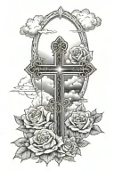3 Crosses with rosses under and sunlight coming from the top with clouds in the middle  tattoo design idea