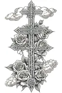 3 Crosses with rosses under and sunlight coming from the top with clouds in the middle  tattoo design idea