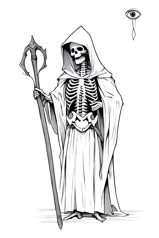 a skeleton in an executioner's hood, holding a wooden staff with an eye hanging from it tattoo design idea