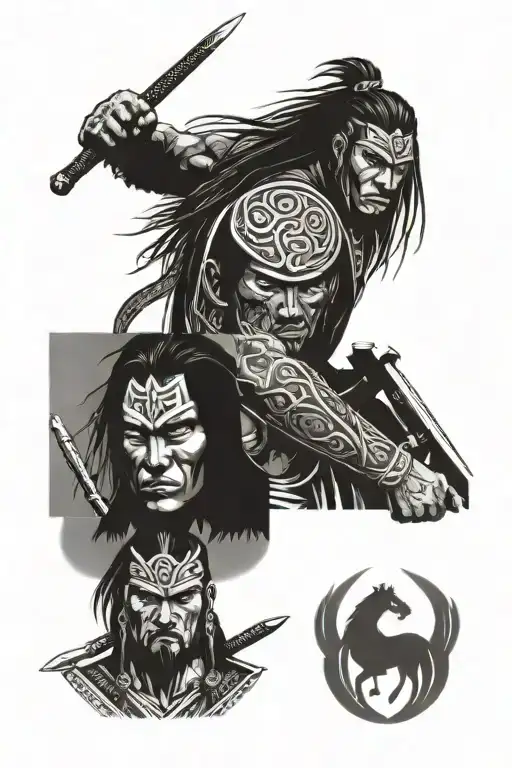 three comic book style panels with a celtic warrior on the bottom, a samurai on the middle, and a native american on top tattoo design idea
