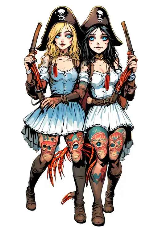 two girls selling shrimp and crab claws with blue eyes one has blonde hair one has black and their pirates with muskets tattoo design idea