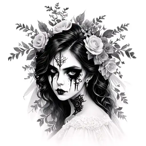beautiful gothic heart broken, bride portrait , floral background, angry tattoo design idea