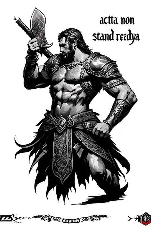 phrases ''acta non verba'' and ''stand ready''. Graphics to include theme of protective warrior, loyalty and resilience tattoo design idea