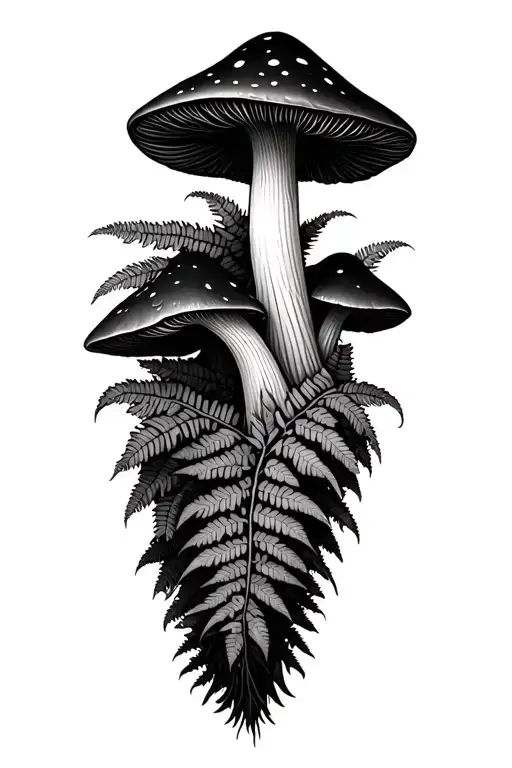 "Cover-up tattoo design for the calf. Hide old tattoo with a dark mass of fern fronds and two large shaded mushrooms. Us tattoo design idea