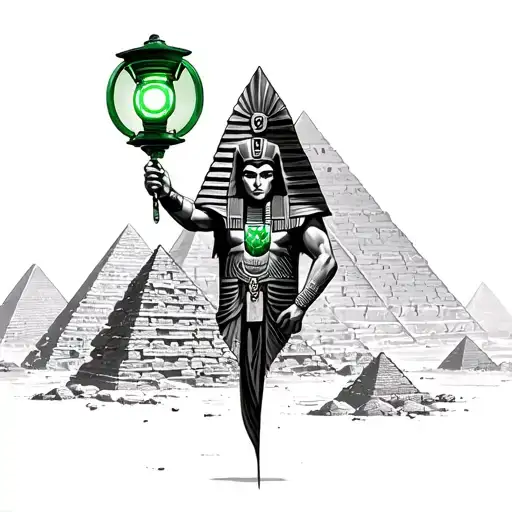 Egyptian green lantern with the pyramids of Giza surrounding him tattoo design idea