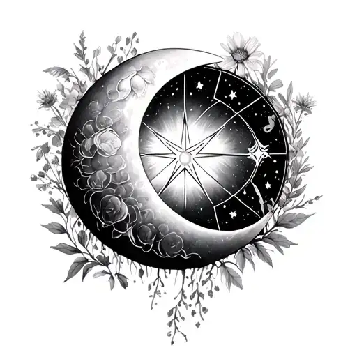 crescent moon, 5-pointed star, wildflowers, wheel of eternity, Milan, Naïs, J, XX tattoo design idea