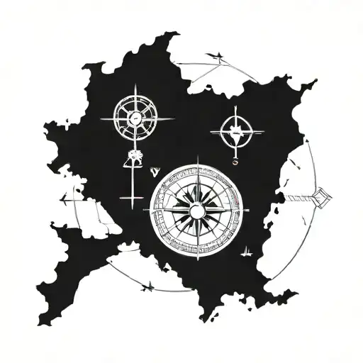 A blackwork tattoo of a map showing the Pacific Northwest and Capetown, South Africa, with a compass rose, symbolizing your favorite places to explore and travel. tattoo design idea