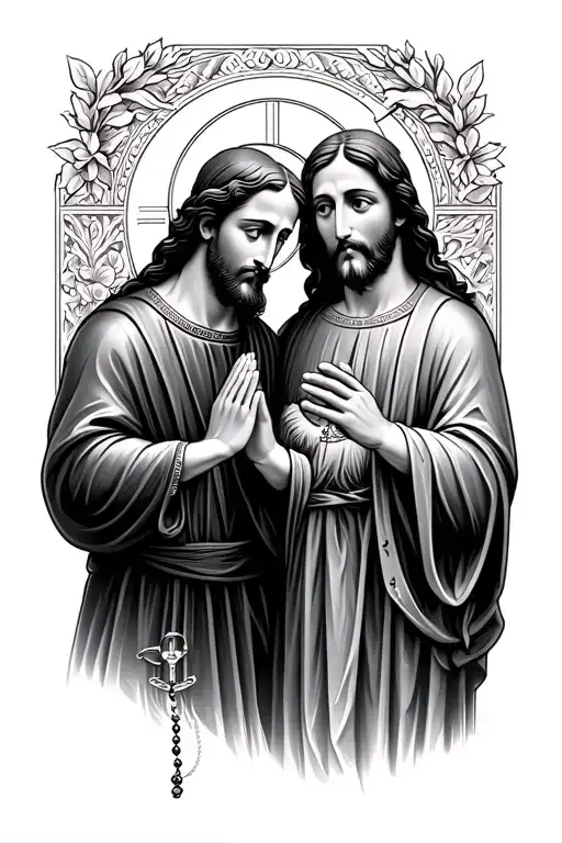 SAN Francis of Assisi, San Joseph and Jesus praying next to each other holding rosary's  tattoo design idea