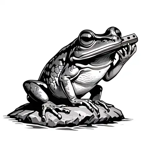 frog on a rock playing harmonica tattoo design idea