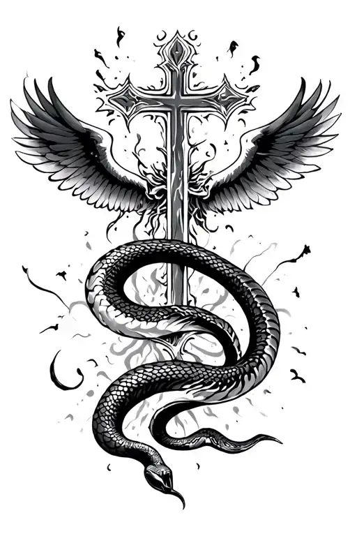 long back tattoo with a snake-like shape in the middle going all the way to a cross, smaller wings come out of the cross on two sides tattoo design idea