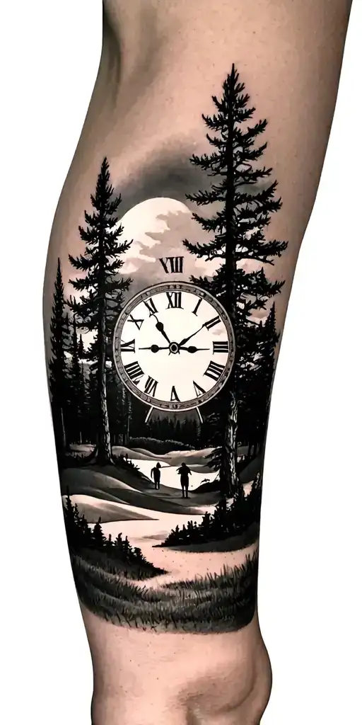 pine forest scene and family on golf course and ansel adams and sun clock tattoo design idea