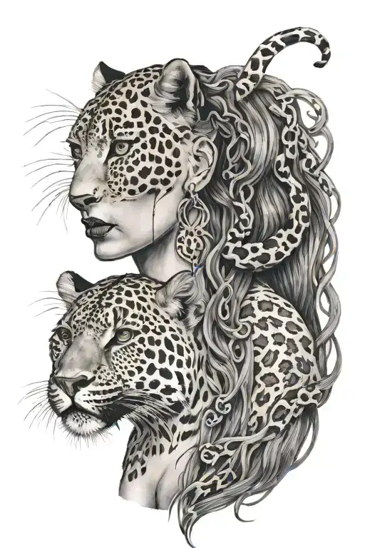 a gothic woman with 2 falling locks and a leopard tattoo design idea
