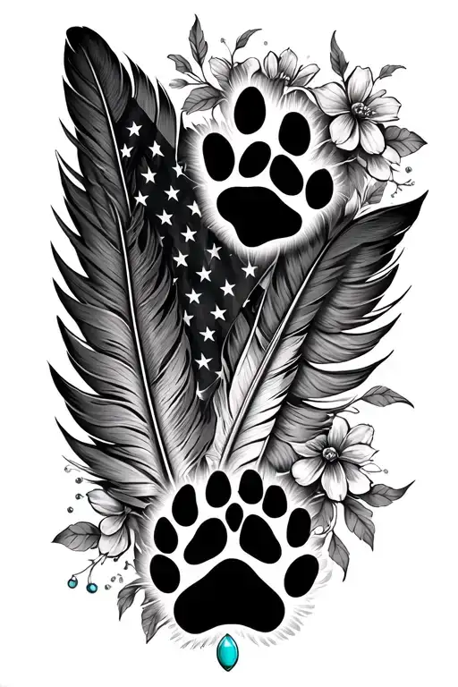 multiple feathers with two dog black paw prints incorporated, american flag,and turquoise western jewelry, flowers tattoo design idea