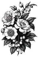 Vine with Carnation, Snowdrop, violet, iris, lily of the valley, hawthorn, rose, honeysuckle and Chrysanthemum tattoo design idea