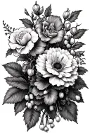 Vine with Carnation, Snowdrop, violet, iris, lily of the valley, hawthorn, rose, honeysuckle and Chrysanthemum tattoo design idea