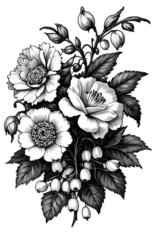 Vine with Carnation, Snowdrop, violet, iris, lily of the valley, hawthorn, rose, honeysuckle and Chrysanthemum tattoo design idea