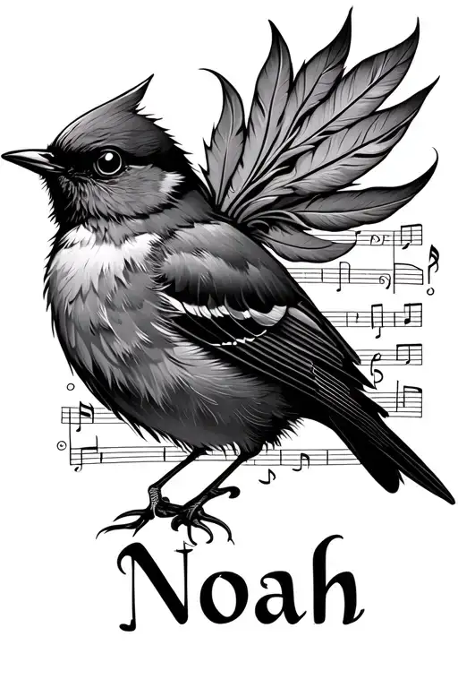 like drawing of songbird with musical notes inside it. name Noah underneath in script font. feathers coming from tail  tattoo design idea