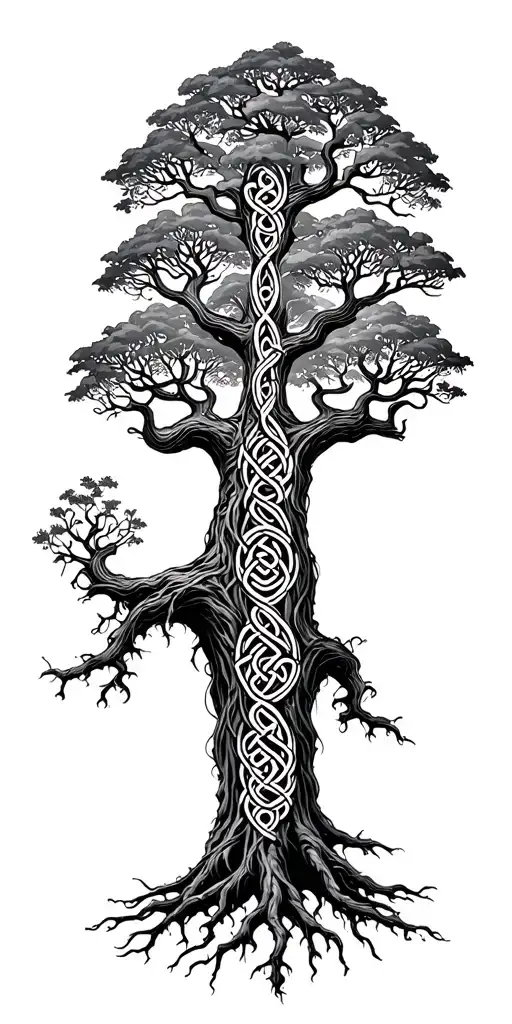 Celtic tree of life large canopy with vining deep roots transitioning into Celtic tribal tattoo design idea