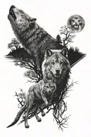 Design a tattoo featuring a dirt bike and fishing boat surrounded by trees and wildlife from South Africa, with a wolf and lion as guardians tattoo design idea