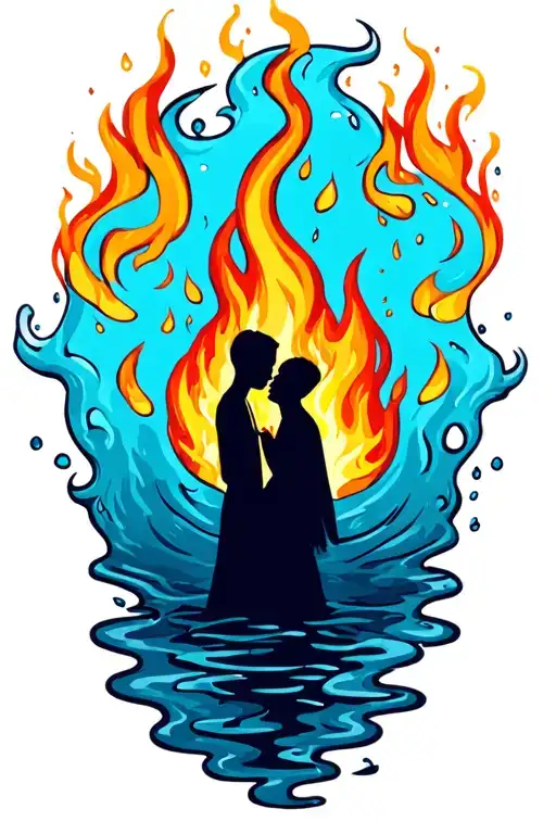 fire being and water being silhouettes holding hands holding each other tattoo design idea