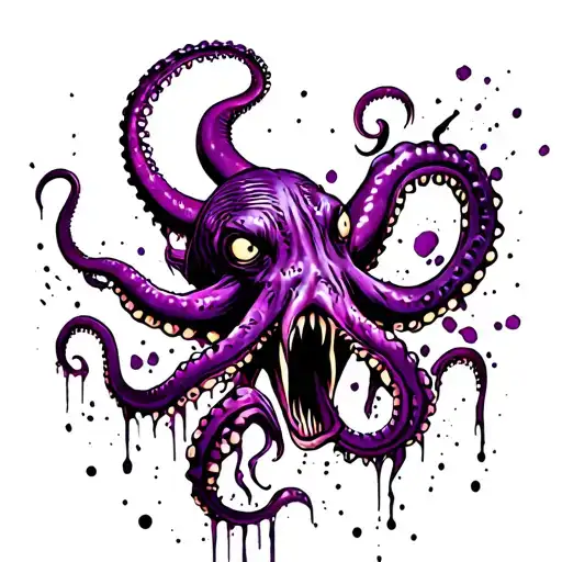Angry purple Kraken Squid with long tentacles dangling low tattoo design idea