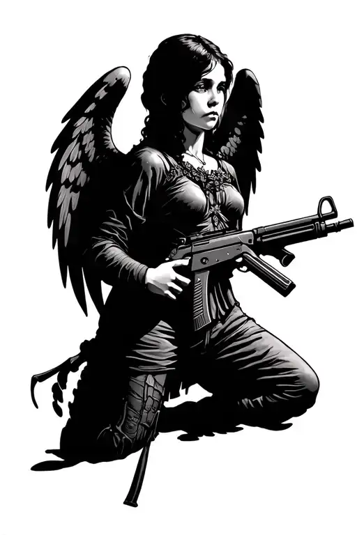 Angel Holding AK 47 tattoo design idea