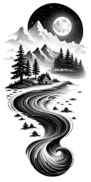 Black & grey with flowing water, mountains, trees, small home, and a starry sky, symbolizing growth,family, wisdom tattoo design idea