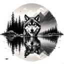 a wolf reflection in a lake surrounded by nature art  tattoo design idea