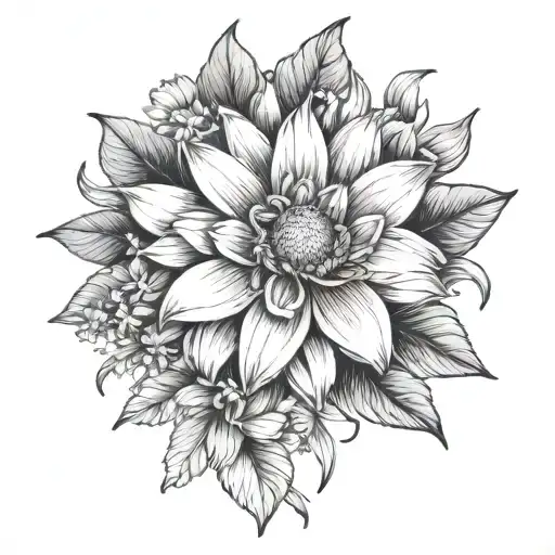 daisy, astor woods, dahlia, daffodil, water lily leg sleeve tattoo design idea