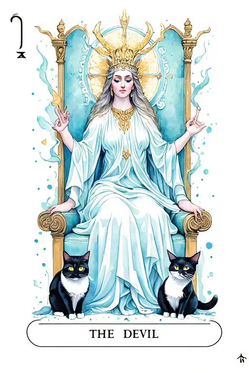 Create a Tarot Card for The devil Tarot card. Elegant and ethereal goddess on a throne with two cats at the bottom tattoo design idea
