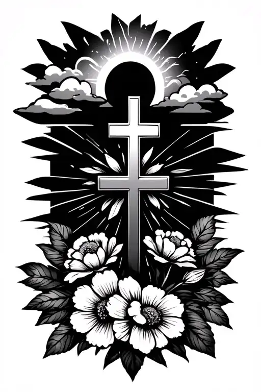a solid cross with September birth flowers at the bottom with clouds and rays of sun in the background  tattoo design idea