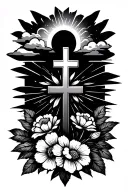 a solid cross with September birth flowers at the bottom with clouds and rays of sun in the background  tattoo design idea