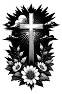 a solid cross with September birth flowers at the bottom with clouds and rays of sun in the background  tattoo design idea