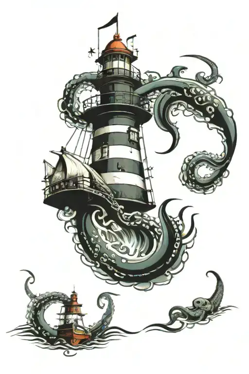 Lighthouse octopus ship sea  tattoo design idea