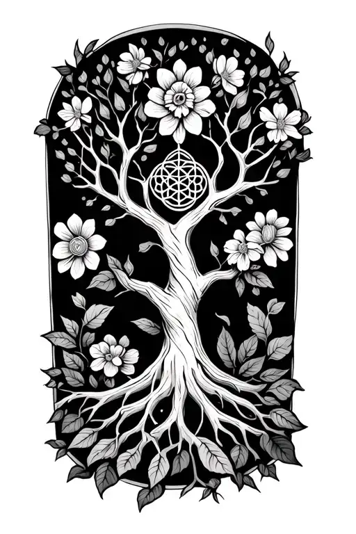 spiritual tree of life with flowers wrapping around arm with flower of life design filler tattoo design idea