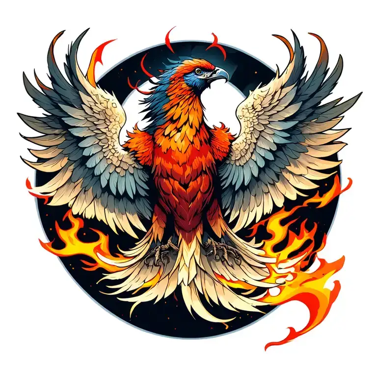 flames at waist height a phoenix rising wings spread across shoulders the head up neck feathers around neck full back tattoo design idea