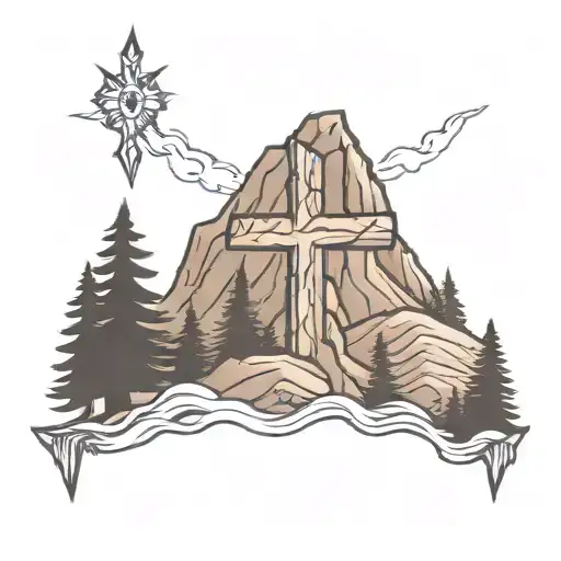 Wooden cross on moutain range outline tattoo tattoo design idea