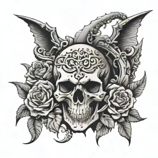 skull and bones over a kracken on a background of roses tattoo design idea