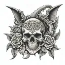skull and bones over a kracken on a background of roses tattoo design idea