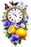 rose and violets and daisies and butterfly resting and lemons and thunderstorm and clock tattoo design idea