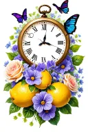 rose and violets and daisies and butterfly resting and lemons and thunderstorm and clock tattoo design idea