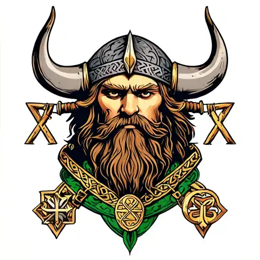 Front on Viking face with Nordic runes and charms sitting on Irish and Celtic good luck charms tattoo design idea