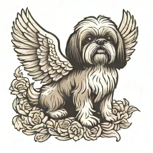 shih tzu with a plushie and wings spread tattoo design idea