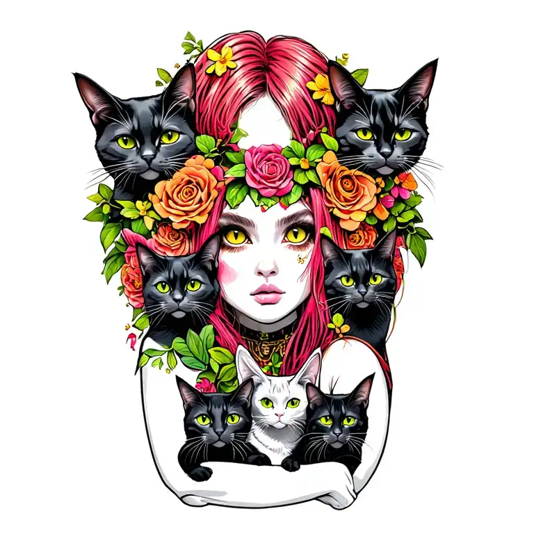peaceful badas punk rock girl with gang of cats tattoo design idea