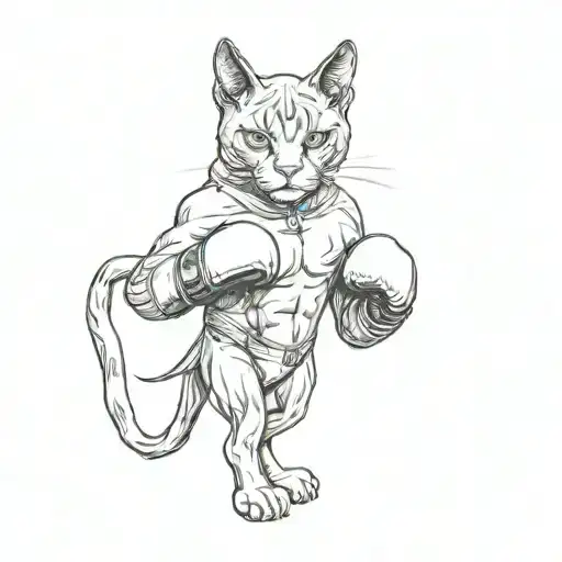 A cat boxer stands in a fighter's stance wearing boxing gloves  tattoo design idea