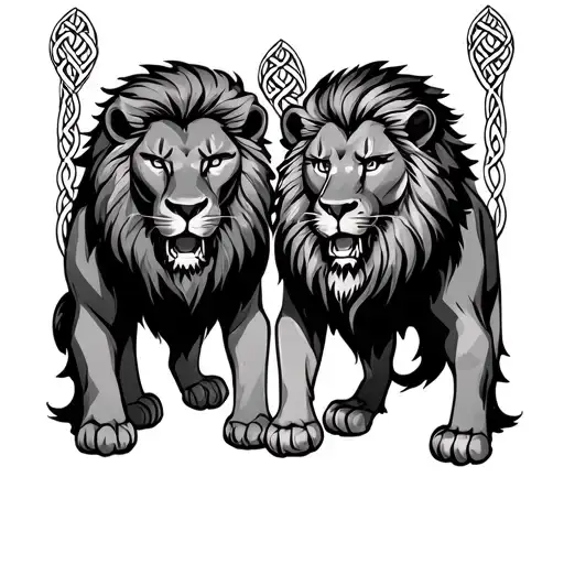 two lion brothers standing fearlessly next to each other with a celtic theme tattoo design idea