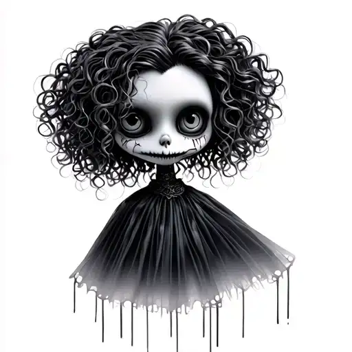 broken face doll with curly Tim Burton inspired hair  tattoo design idea