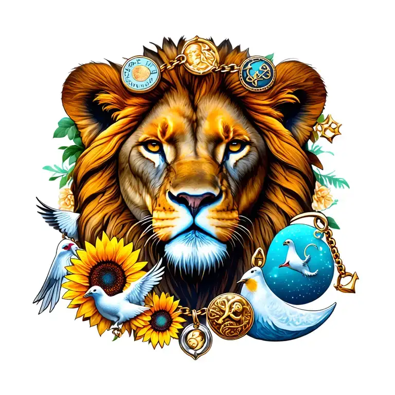 charm bracelet on the wrist and the tattooed "charms" are a lioness head, dove, moon with sunflower, and anchor  tattoo design idea