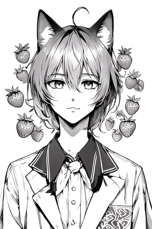 young anime guy, manga, cats, strawberries tattoo design idea